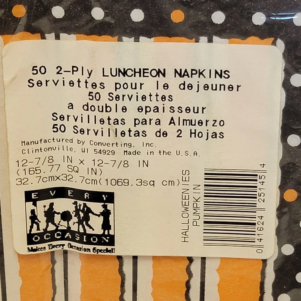 Halloween Napkins 50 Ct Jack O Lantern Luncheon Sz 6.5x6.5 Orange Black Party